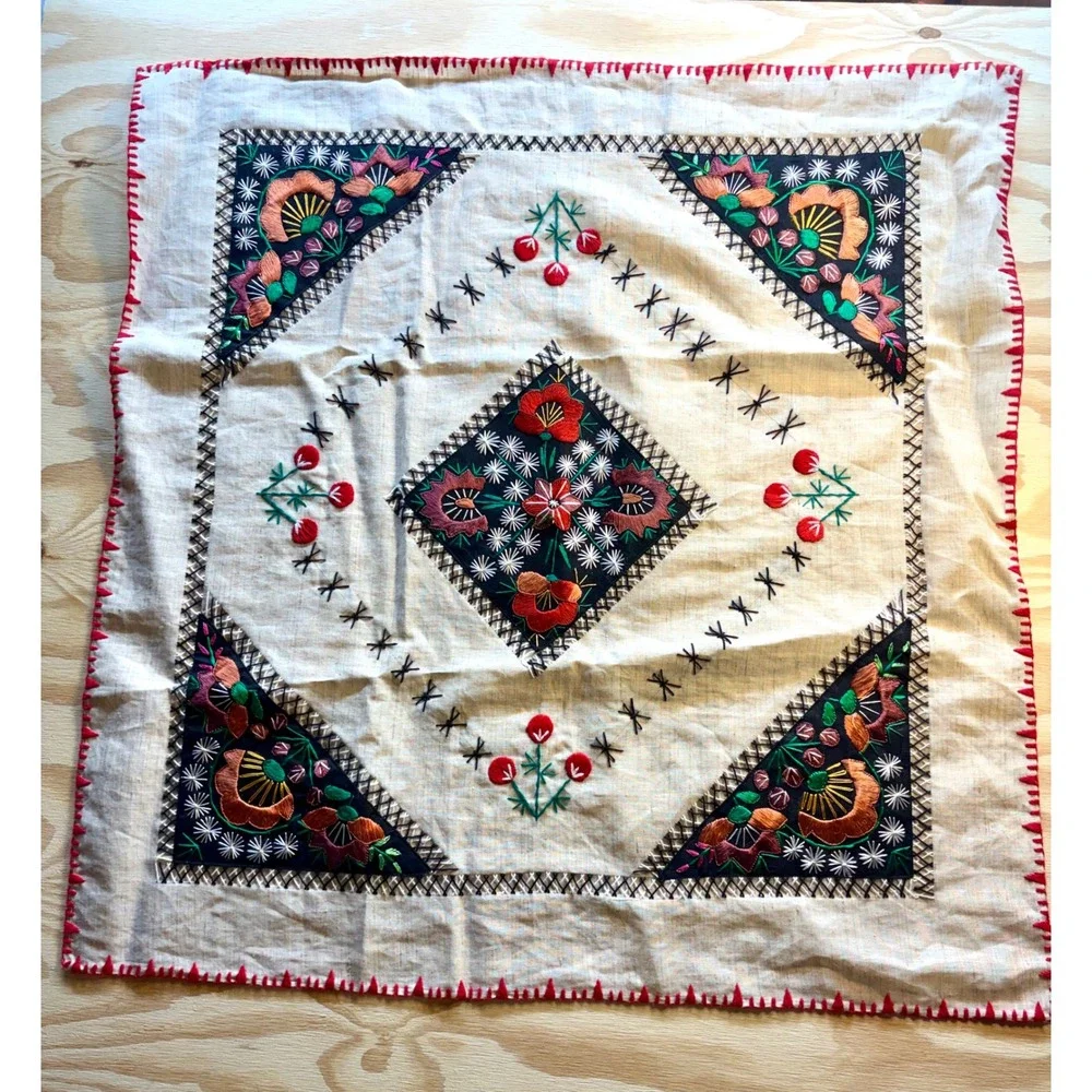 Vintage Hungarian Folklore Embroidered Linen Tablecloth 90s 38x38